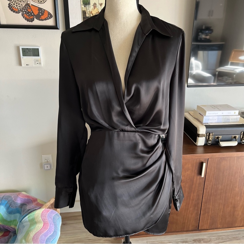 Satin Wrap-Front Mini Dress in Black